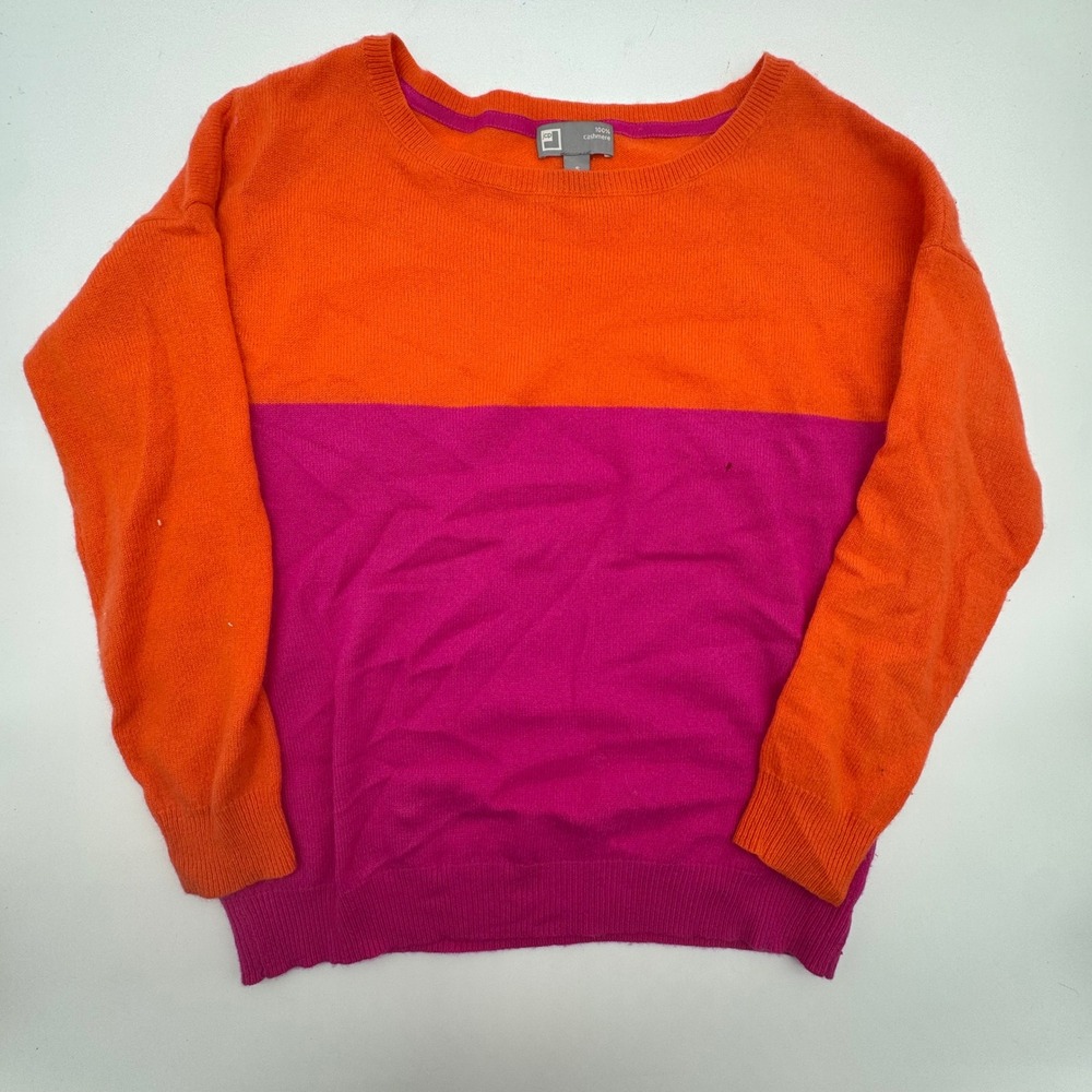 JCP 100% Cashmere Colorblock Crew Neck Sweater Orange Pink Women's Small